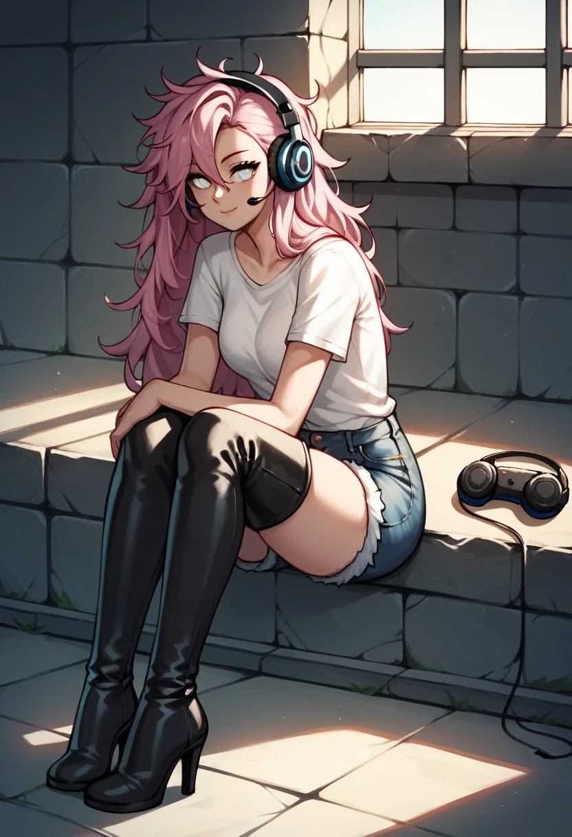 score_9, score_8_up, score_7_up, score_6_up, score_5_up, score_4_up, source_anime, 1woman, sexy face, sit, pink hair, long hair, white eyes, croosed legs, messy hair, white shirt, jeans shorts, black thigh high boots, over high boots, platforms, heels, day, windows, headphones, dungeon, best quality, best res, 4K UHD,
 