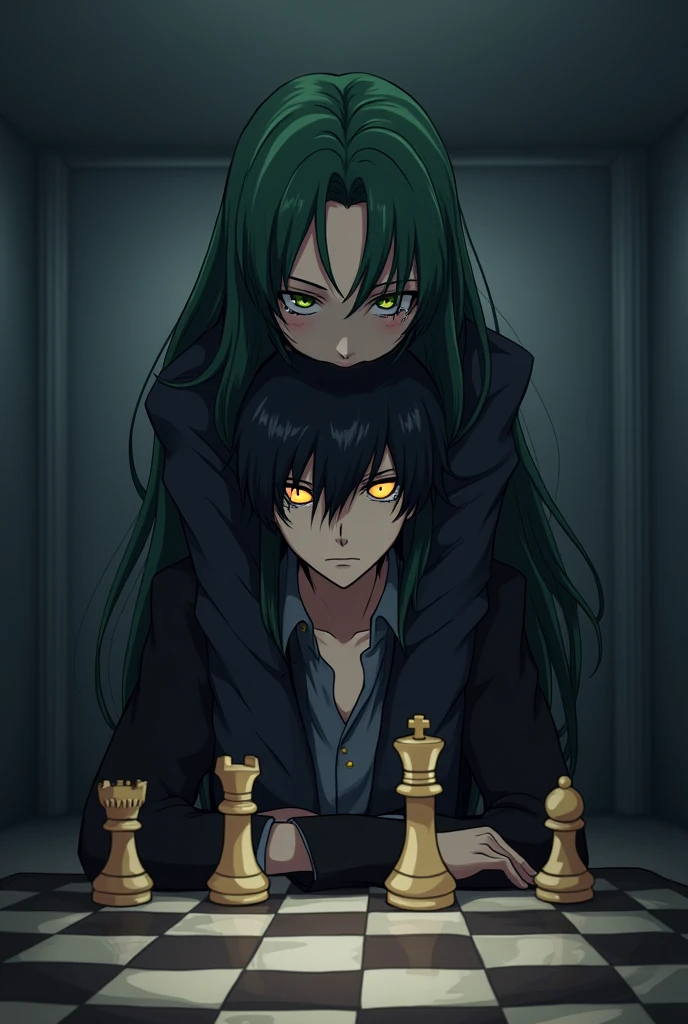 Lelouch with "geass sign in his eyes" from "code geass" playing chess alone with "c.c." Standing behind him hugging his head, anime drawning, 4k. C.C has long green hair with red visable geass sign on forhead, perfect eyes, "c.c." is Crying