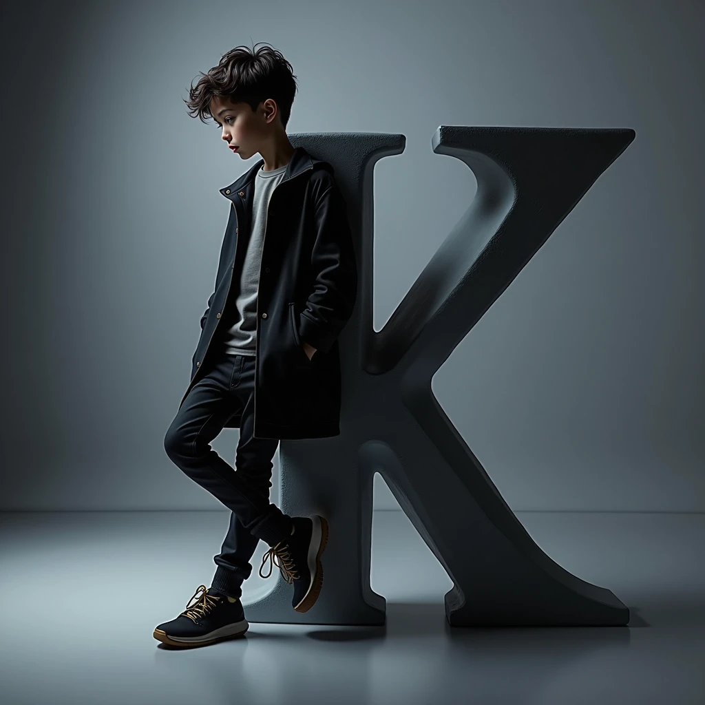 Boy leaning on the letter Z