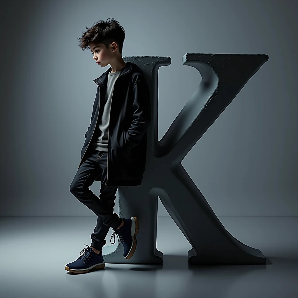 Boy leaning on the letter Z