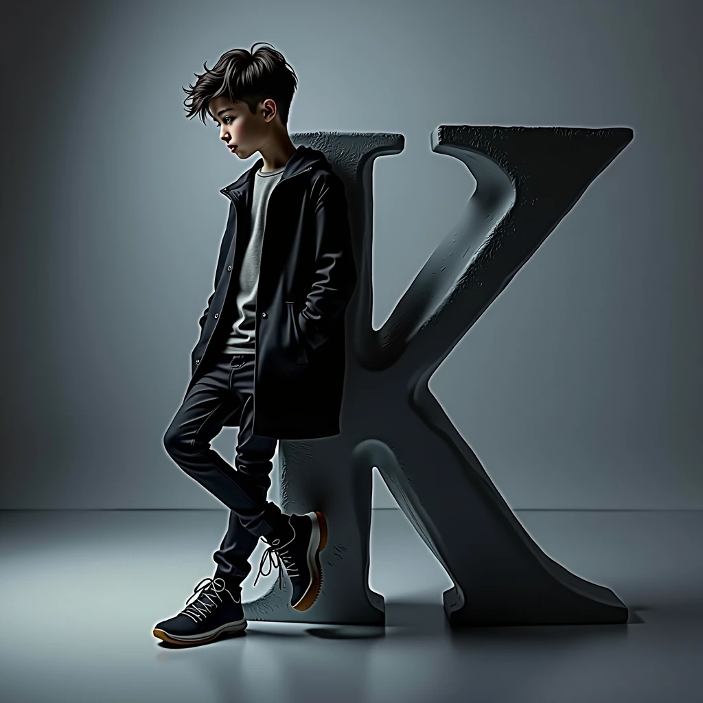 Boy leaning on the letter Z