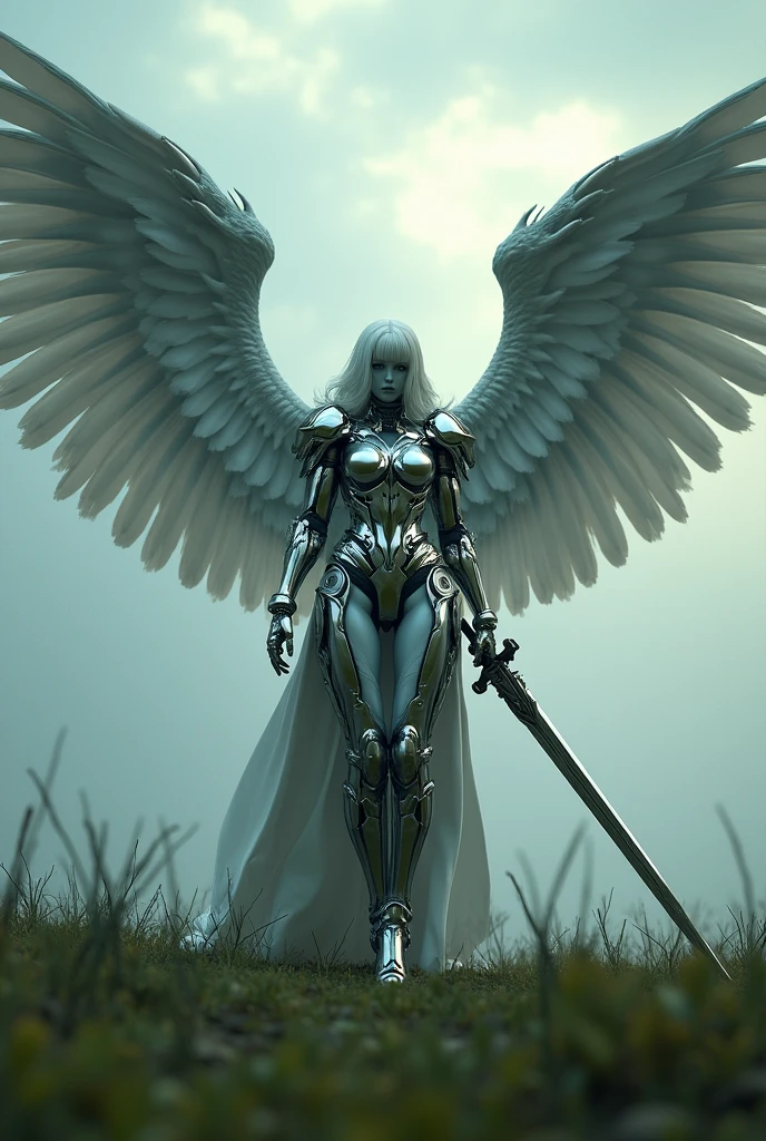 REAL - style image of a woman with a sword in a field, cyberpunk art inspired by Leng Mei, cgsociety contest winner, fantasy art, beautiful cyborg angel girl, angel knight girl, as a mystical valkyrie, battle angel, angel in plastic armor, mechanized valkyrie girl, unreal engine 4k wallpaper, wraith from apex legends, epic angel wings