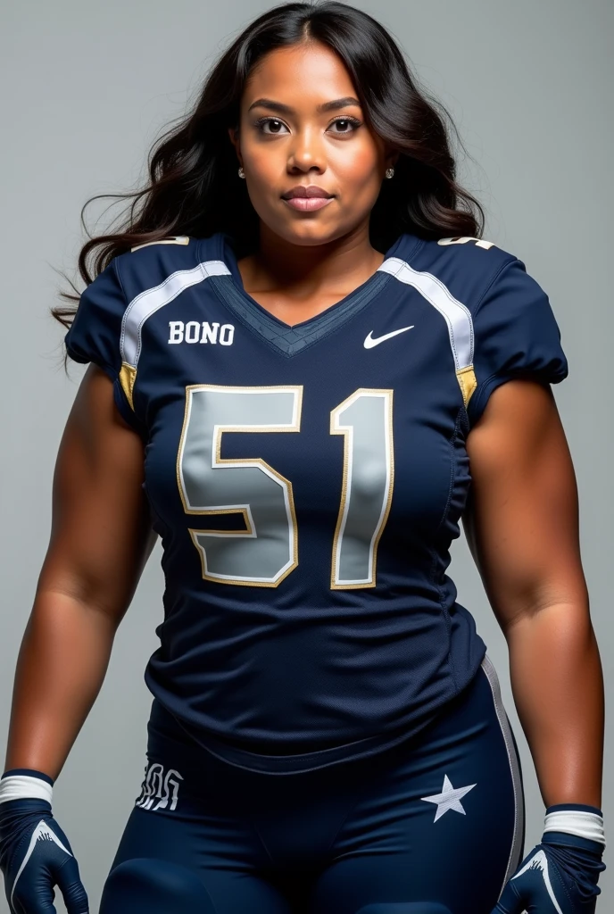A photo of Tina Nguyen, a Tight End for the female Howard Bison football team. Number 51. Curvy as hell. Uniforms are navy with grey numbers and white trim