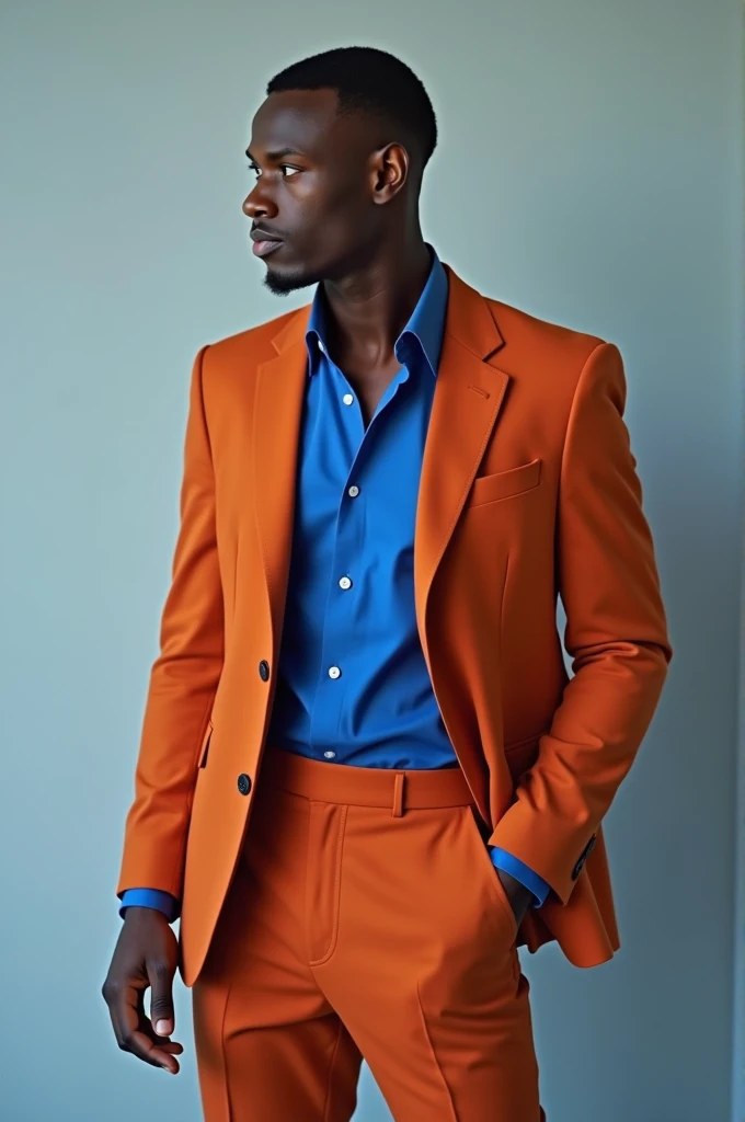 Terracotta suit blue shirt