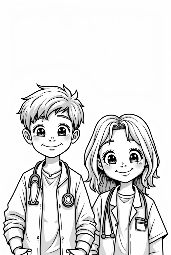 Black and white coloring pages of boys and girls in healthcare



