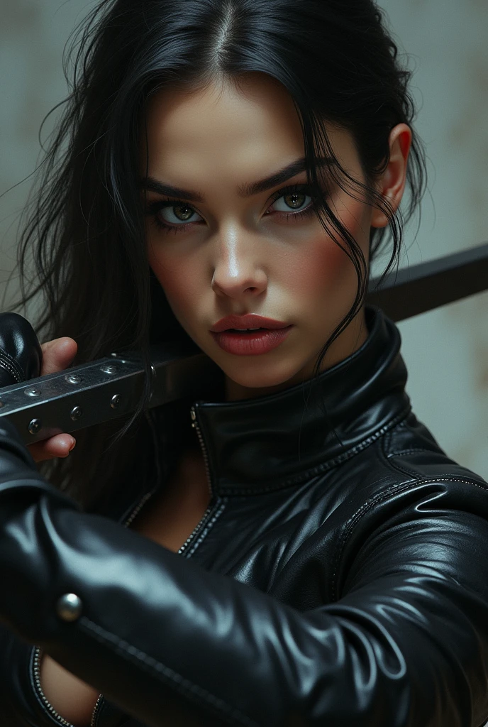 a close up of a woman in a black leather outfit holding a sword, artgerm julie bell beeple, seductive cyberpunk dark fantasy, epic exquisite character art, epic fantasy digital art style, extremely detailed artgerm, epic fantasy art style, alexandra fomina artstation, graphic artist magali villeneuve, inspired by Magali Villeneuve