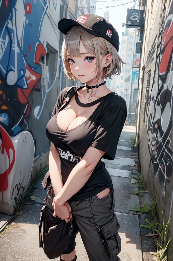 Absurd, Super detailedな,(In 8K:1.3),Masseter muscle area,(masterpiece:1.2)、(Highest quality)、4K、Super detailed、(Movement Structure:1.4)、(Shining Lights、Atmosphere lighting), High resolution, Best Quality、(One person:1.4),Super detailedな,Bright colors、Treebreak Production Art、(Warm color light source:1.2),High-level image quality、Fine image quality、Intricate details,Volumetric Lighting,Realism BREAK、Profile、 Idol face、、Very beautiful face and eyes, Beautiful images、natural make up、 big eyes,、 (full-body shot:1.3)、 (breast grab:1.3)、 (Big Tits:1.2)、(curvy body:1.2)、(glossy skin :1.5)、(Baby Face:1.5)、(cleavage:1.4)、(white pupils:1.2)、 (graffiti:1.5)、 (blonde hair,short hair:1.2)、(gray、Wide silhouette、T-Shirts:1.5)、(black、Supreme box logo cap:1.3)、(black、baggy、Short cargo pants、Wallet Chain:1.3)、(white、Low Cut、sneakers)、 (smirk)、(arms behind back:1.4), (petite:1.4)