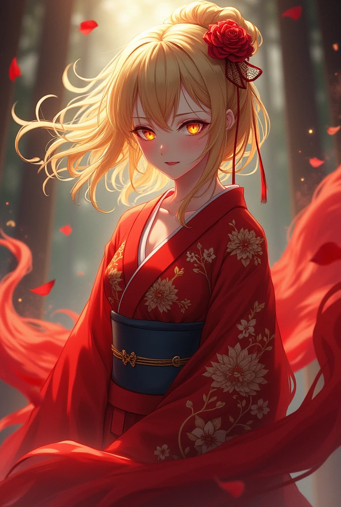 beautiful woman, red kimono, blond hair, gold eye, by Gege Akutami, anime Jujutsu Kaisen, by Mappa