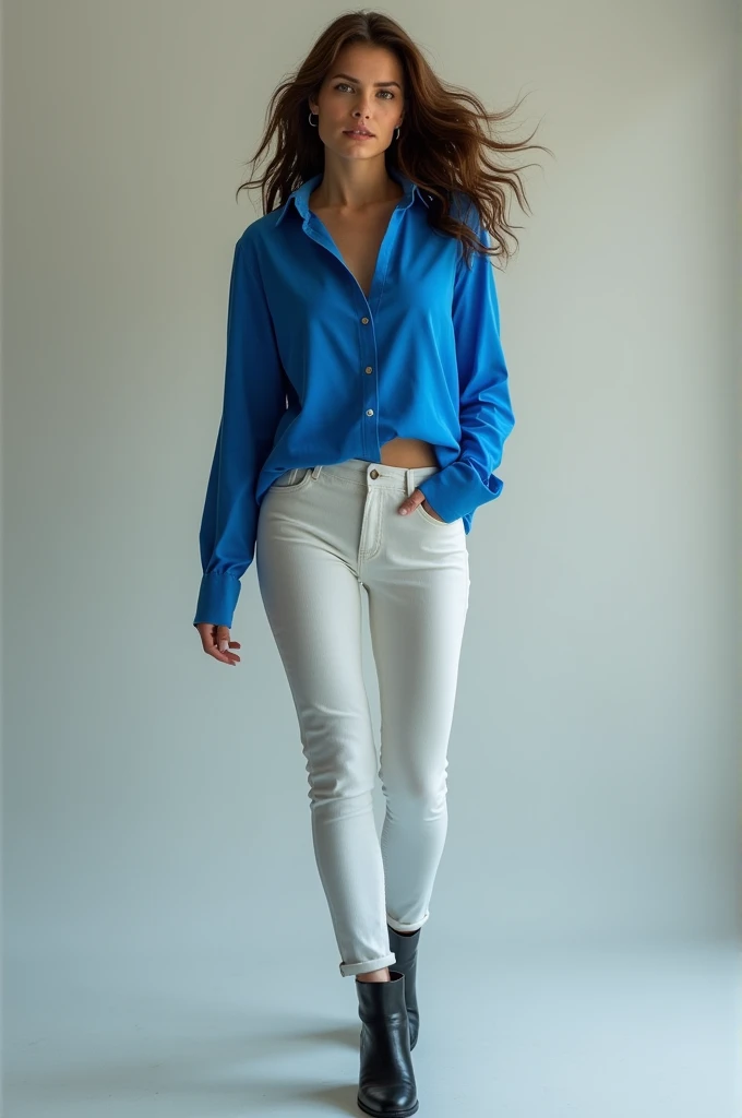 a pretty woman, 42 years old, Brown hair, pretty face, blue shirt, light tights, black leather ankle boots, FULL BODY shot