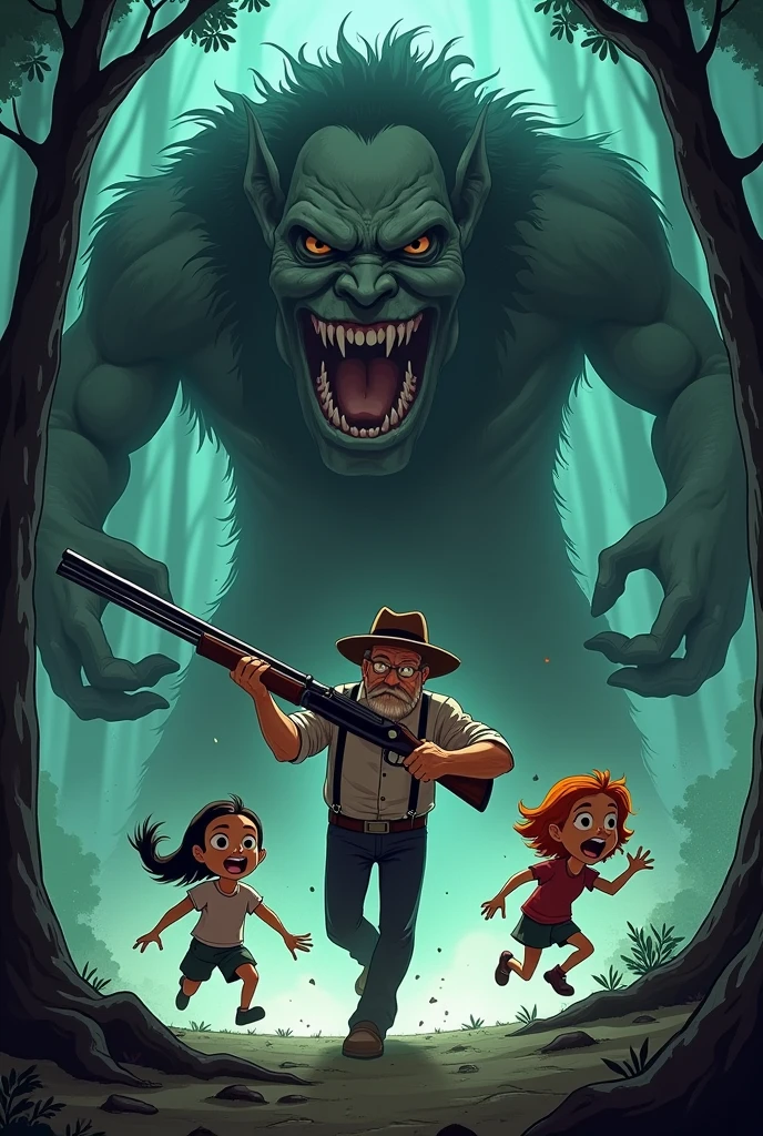 Dipper and Mabel being chased by a monster Stan Pines arrives and defends them with a shotgun, catches them and devours them