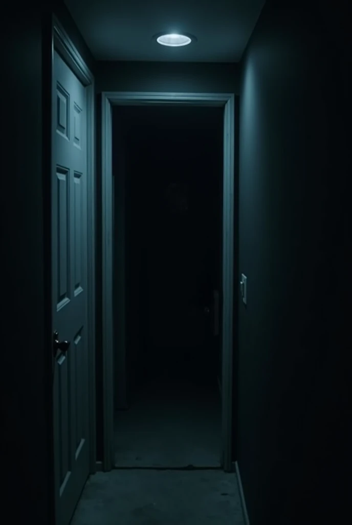 A slightly open bedroom door with darkness beyond, seen from Sarah's perspective. The room inside is dimly lit, while the hallway outside is completely dark. The door is ajar, creaking slightly, and there's a cold, eerie atmosphere. The shadows create the impression that something might be lurking just beyond sight. The door handle is slightly turned, as if someone or something had just pushed it open.