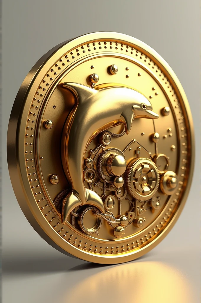A straight image of a coin gold color looks like a machine include a dolphin moving and small dots a token like money