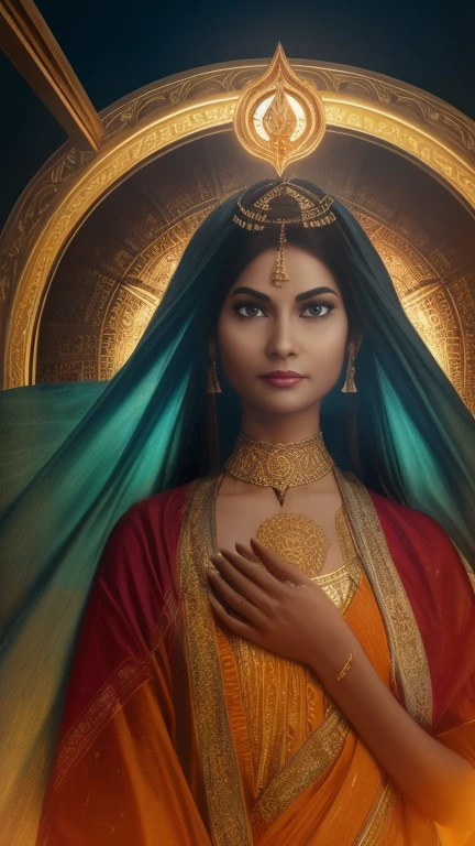 highly detailed portrait of a mata laxmi sun god halo of light,unreal engine, art by mark ryden, lostfish, earl norem, global illumination, god rays, detailed and intricate environment, elden ring style