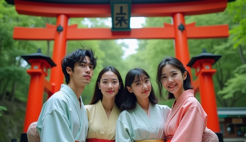 Two young Japanese men and two women in kimonos are smiling in front of a red torii gate,Excited, Photo of your face, For work, With lush natural scenery as a background, with a natural look, With a slightly tired look, tilt your face a little, Diagonal orientation, Average face