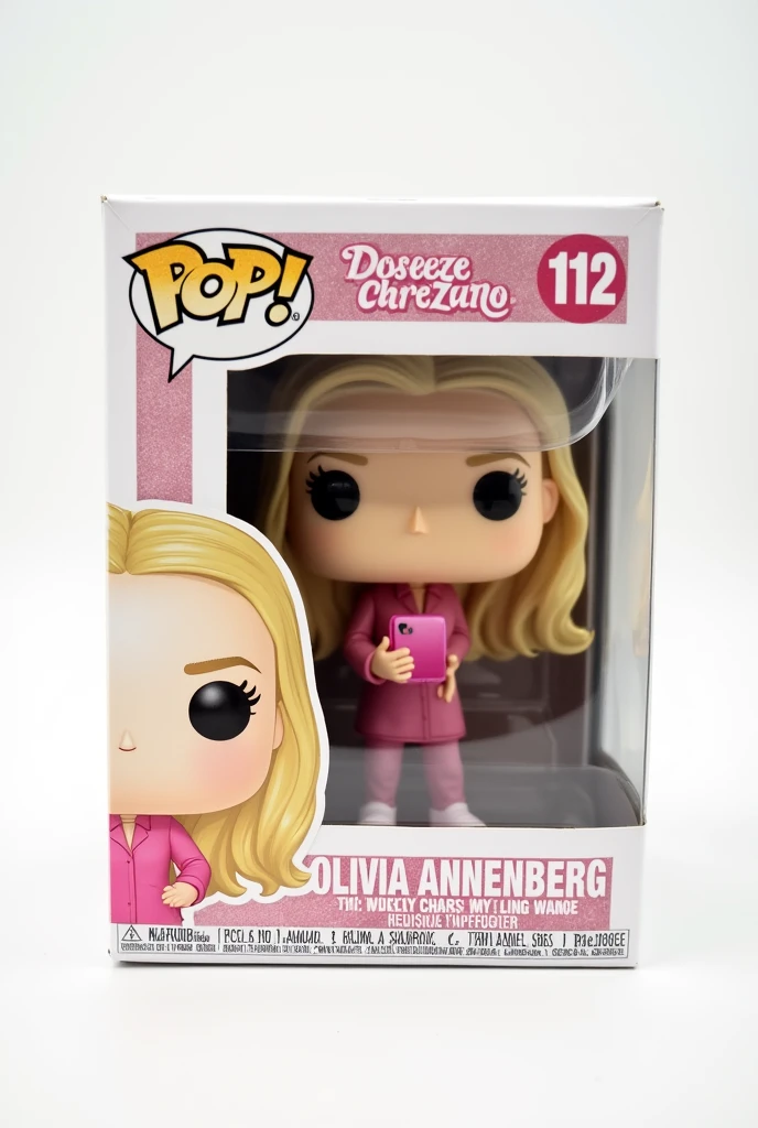 funko pop in white pop box, blonde with a light pink glitter set and the name Olivia Annenberg on the box and no makeup white background with medium length golden blonde hair with a pink iPhone 12 in her hand