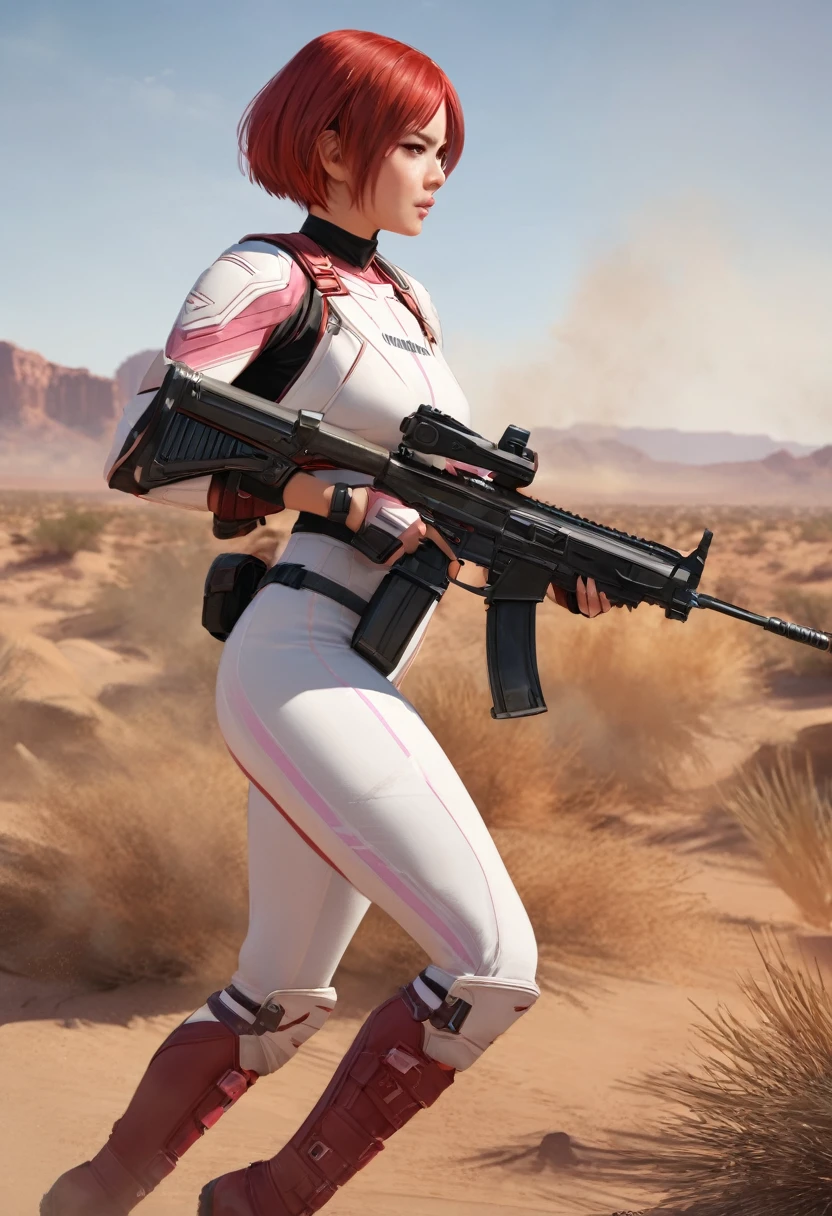 champions online. a red haired Asian female superhero. short hair, (pale skin). she wears a white jumpsuit with (pink lines), knee highboots. she carries a high tech assault rifle. show her in a fire fight against a group of soldiers, Arizona desert background. side view. 4k, masterpiece, realistic, detailed, hd, uhd