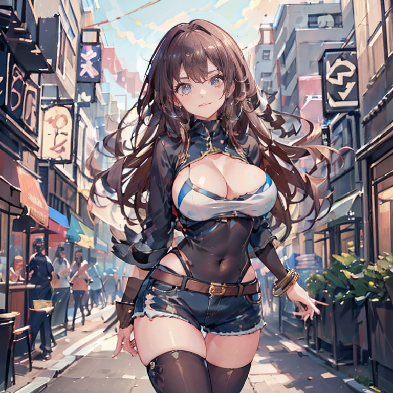 Anime Kawaii sexy Perfect Slim sensual body large breast and huge thighs, An intricate and highly detailed illustration of anime (Young girl) (work of art, best qualityer, ultra detali, high resolution, 4K),(beautiful detailed eyes),(very highly detailed face),(1 girl),HDR,long hair, shorts, phone, eyes browns, chestnut hair, cellphone, bracelet, regatta, jewerly, to attend, lips, focus only, glaze, blurry background, ssmile, wristto attend, realisitic, blurry, gazing at viewer