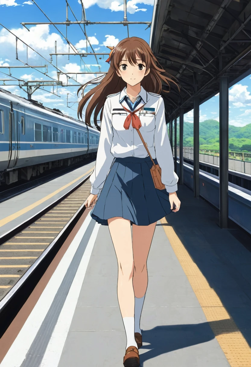 Long-haired anime girl walking on a train platform, Fleet Collection Style, Railgun, Completed without Kanto, 艦隊これくしょん -Kantai Collection-のアーケード, Kantai Collection, In the style of Makoto Shinkai, Animated Visuals&#39;Cute, Art Style: Makoto Shinkai, Beautiful anime school girl, 4K Animation Style, Official Works, shinkai makoto