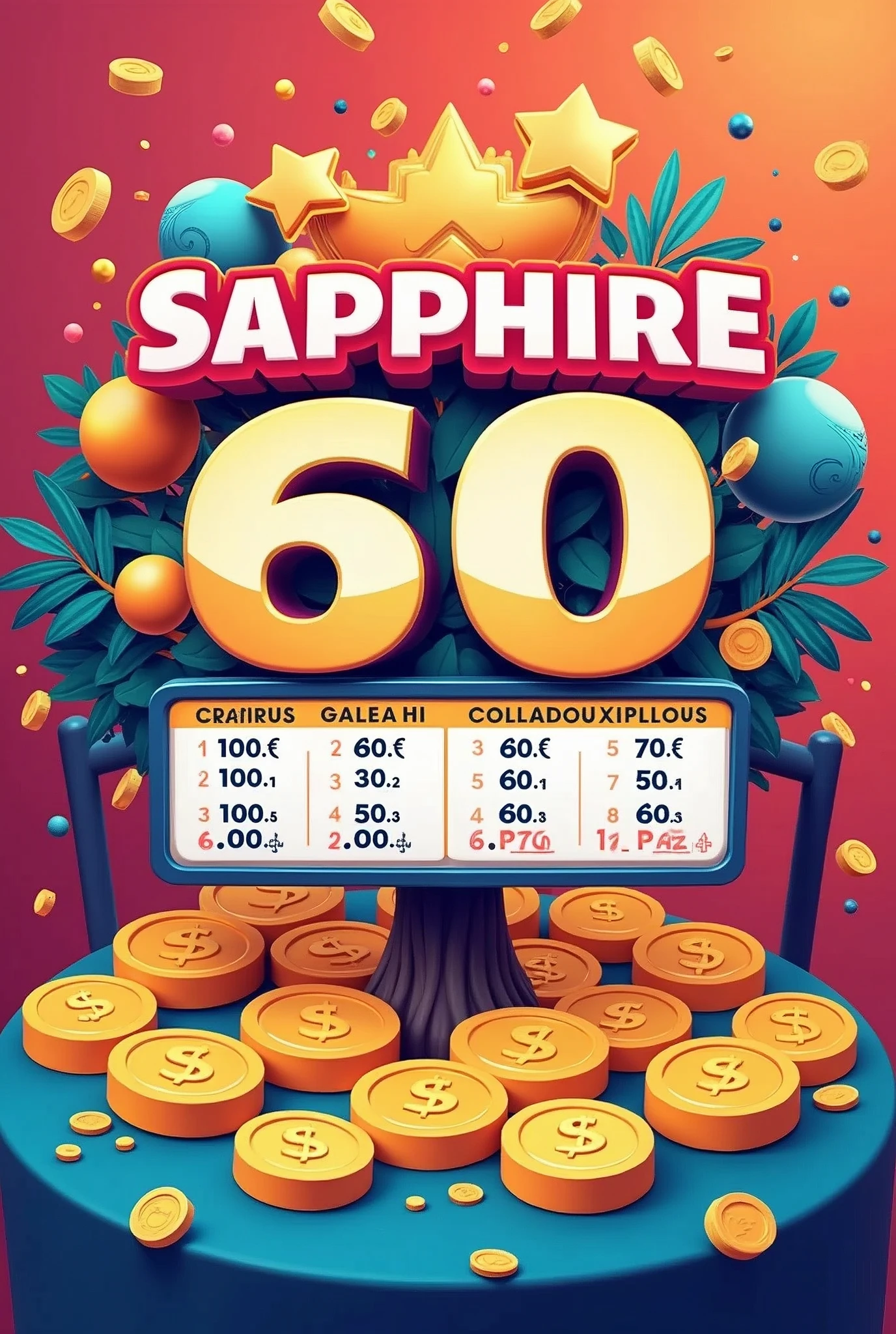 The image has a colorful and cheerful background, with the title "SAPPHIRE 60" in big, bold letters. Registration 10 soles , under the title, There is a table with the prizes:
- First prize: 100 soles - Sure prize: 100 soles - Third prize: 100 soles - Fourth prize: 50 soles - Fifth prize: 50 soles - Sixth prize: 50 soles - Seventh prize: 30 soles - Eighth prize: 30 soles
