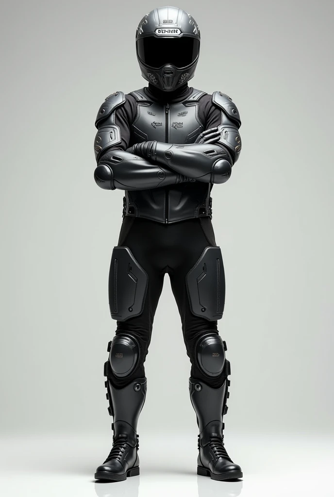 Biker in full body biker safety suit in standing pose and helmet with arms crossed facing front