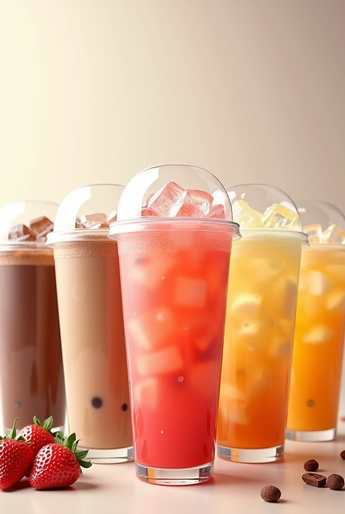 In a big cup with lid, 32 oz size, drinks poster with variety flavours to sell, there are Chocolate drink one cup, pinky strawberry flavour one cup, vanilla flavour drink one cup, coffee latte flavour drink one cup , mocha flavour drink one cup, honeydew flavour drink one cup, yam flavour drink one cup, mango flavour drink one cup, corn flavour drink one cup, all drinks are fully ice cube and cover with Dome lid,
realistic, 8k, HD, one flavour one cup