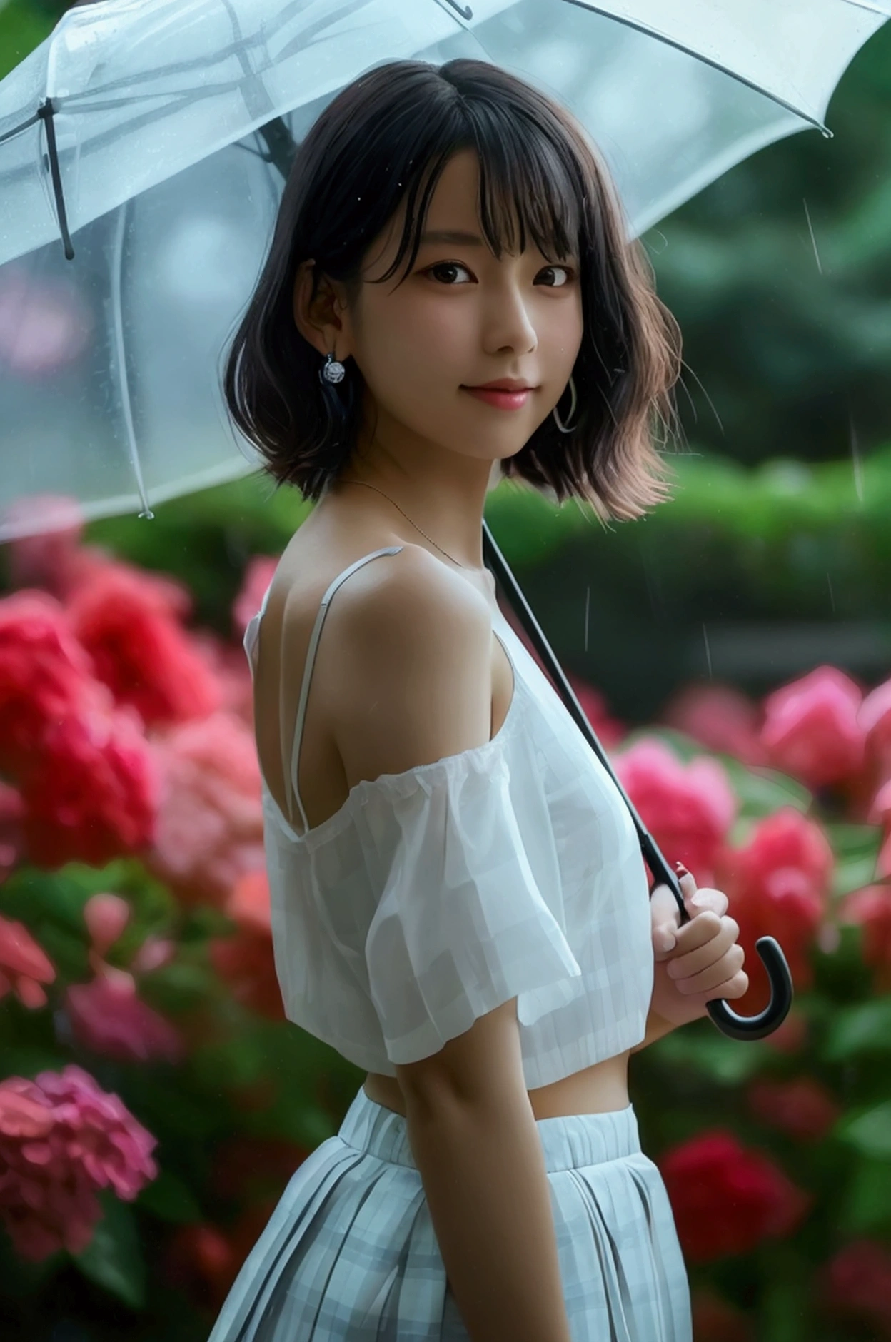 (8k, Photorealistic, Raw photo, Highest quality: 1.4),Japanese idol-style beautiful girl,1 person,,(Short Bob),(Black),She has her hair tucked behind her ears,Clear grey eyes,Long eyelashes,(piercings(small)),(Lip gloss),lips(Plump,glossy),Skin that is as white and smooth as translucent porcelain,Thin and delicate shoulders,thin abdomen,(blouse(White,Short sleeve)),(bra(Pink)),(Pleated skirt(Plaid)),(socks(Dark blue)),(loafers),summer,On the way home from school,it&#39;s raining,She's holding an umbrella,She is standing in front of many hydrangeas.,(Smiling at the camera),(Front view),(Full body portrait: 1.4))