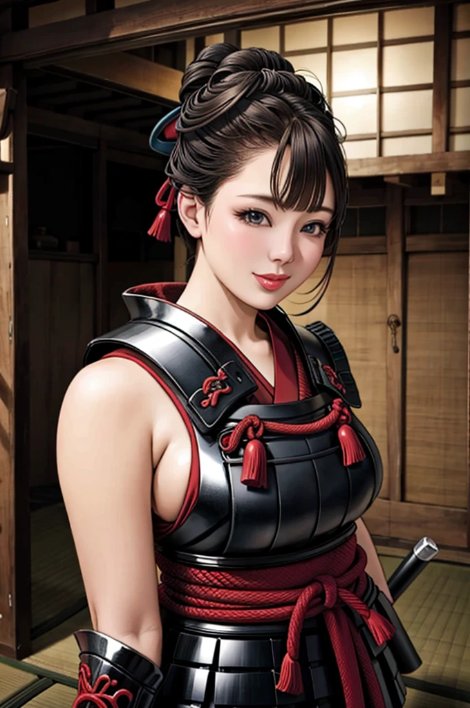 (Browsing Caution), (RAW Photos), (Realistic), (Photorealistic), Ultra-high resolution, masterpiece, Highest quality, Portraiture, facial Portraiture, Perfect lighting, Detailed lighting, Dramatic Shadows, Ray Tracing, Pure Eros Face_v1, Urzan-6500-v1.1, (1 beautiful Japanese woman), ((gentle smile)), ((upper body:1.2)), ((random standing pose)), looking at viewer, ((wearing a samurai armor)), ((in old Japanese castle)),