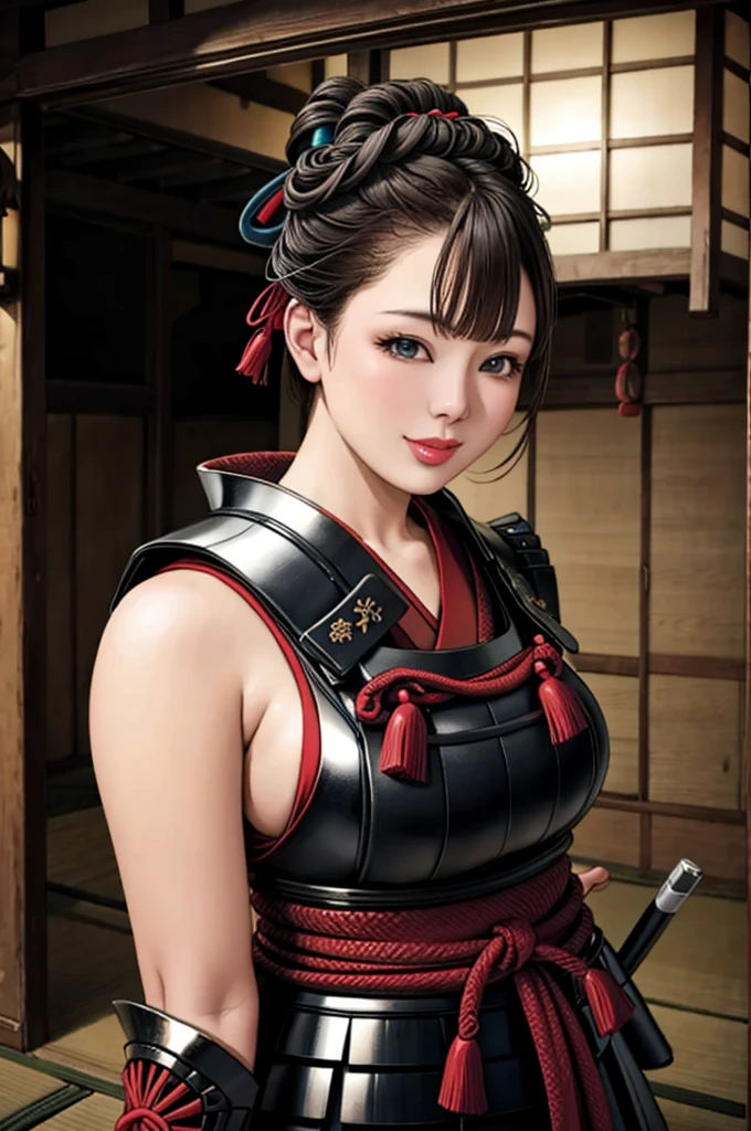 (Browsing Caution), (RAW Photos), (Realistic), (Photorealistic), Ultra-high resolution, masterpiece, Highest quality, Portraiture, facial Portraiture, Perfect lighting, Detailed lighting, Dramatic Shadows, Ray Tracing, Pure Eros Face_v1, Urzan-6500-v1.1, (1 beautiful Japanese woman), ((gentle smile)), ((upper body:1.2)), ((random standing pose)), looking at viewer, ((wearing a samurai armor)), ((in old Japanese castle)),