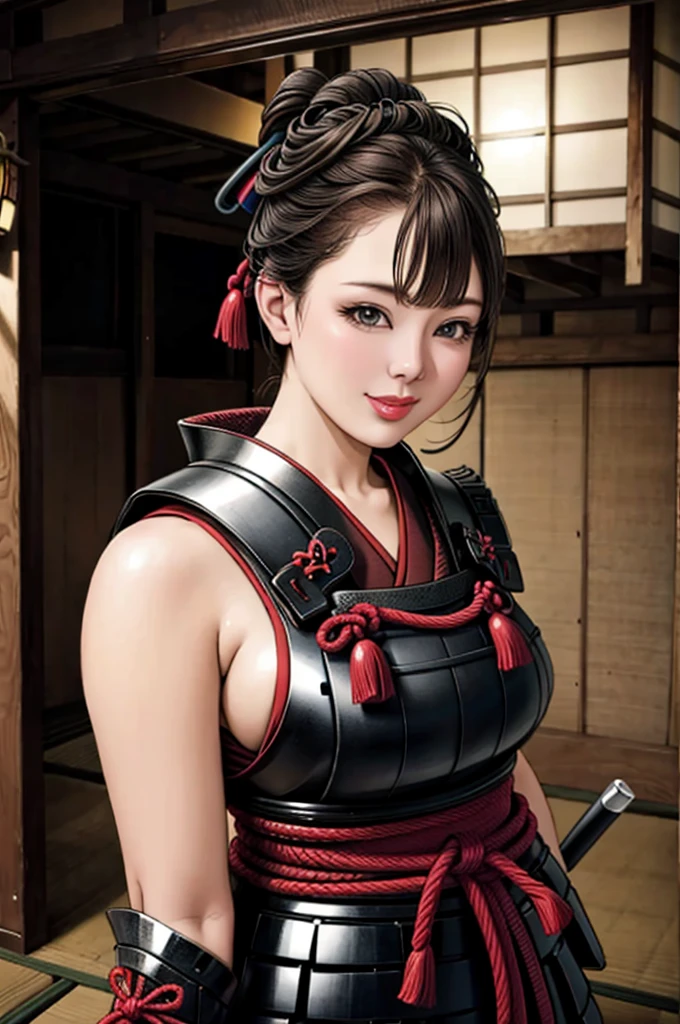 (Browsing Caution), (RAW Photos), (Realistic), (Photorealistic), Ultra-high resolution, masterpiece, Highest quality, Portraiture, facial Portraiture, Perfect lighting, Detailed lighting, Dramatic Shadows, Ray Tracing, Pure Eros Face_v1, Urzan-6500-v1.1, (1 beautiful Japanese woman), ((gentle smile)), ((upper body:1.2)), ((random standing pose)), looking at viewer, ((wearing a samurai armor)), ((in old Japanese castle)),