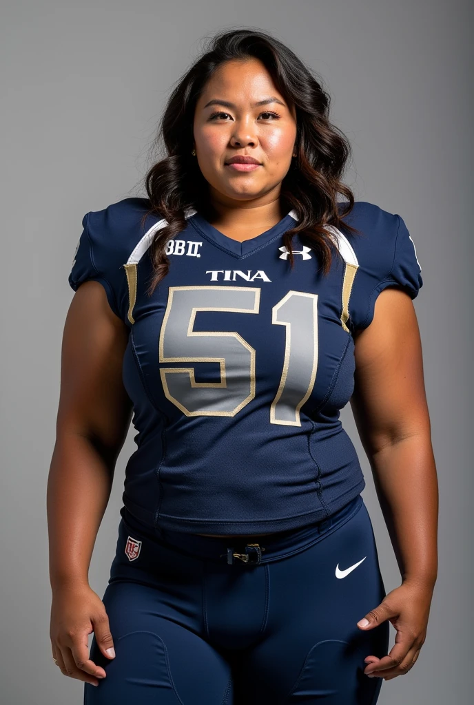 A photo of Tina Nguyen, a Tight End for the female Howard Bison football team. Number 51. Curvy as hell. Uniforms are navy with grey numbers and white trim