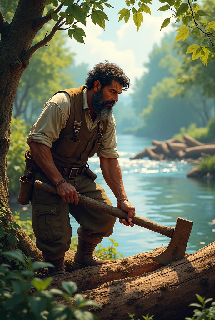 Woodcutter cutting woods near the bank of the river with tool in his hands 2d