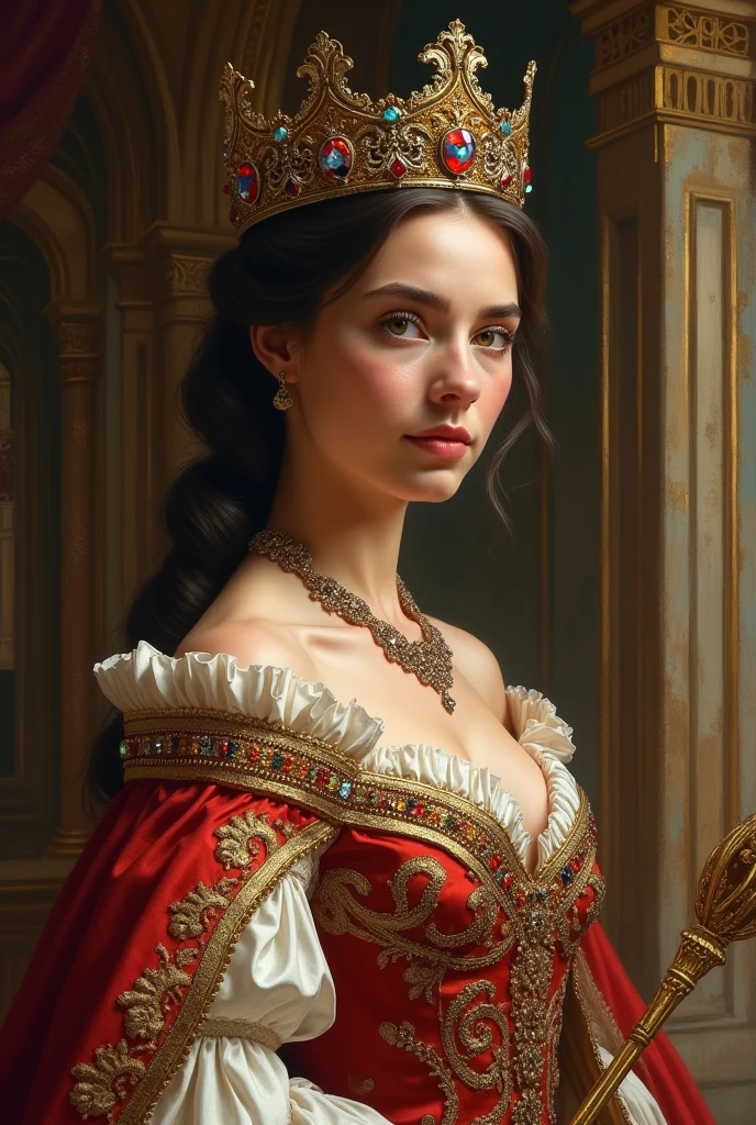 Beautiful young queen dress crown scepter and jewel