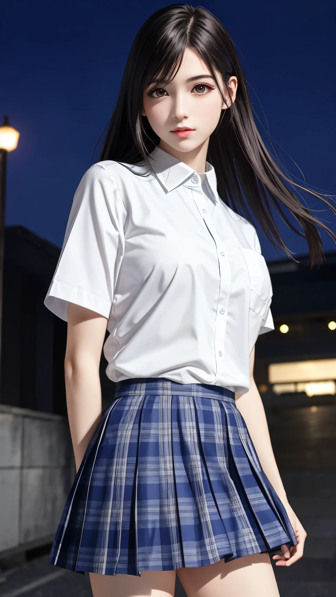 {Top Quality, Masterpiece}, (Realistic: 1.3), Wallpapers, ultra high res, ultra high quality, BREAK {{{FF7, Tifa_lockhart, solo}}},{{{Japan JK uniform, White short-sleeved shirt, Navy Blue Plaid Pleated Skirt, Dark blue short socks, loafers, see through shirt}}}, {{{Kawaii, Nogizaka idol}}}, Ultra-detailed face, Detailed eyes, Red eyes, (black brown hair, Large breasts: 1.0), About 18 years old, sensual, looking away, {{{erotic face ,erotic mouth, erotic eyes}}}, face focus:1.2, model pose:1.2, BREAK {{background big city, night, neon, Tokyo}},