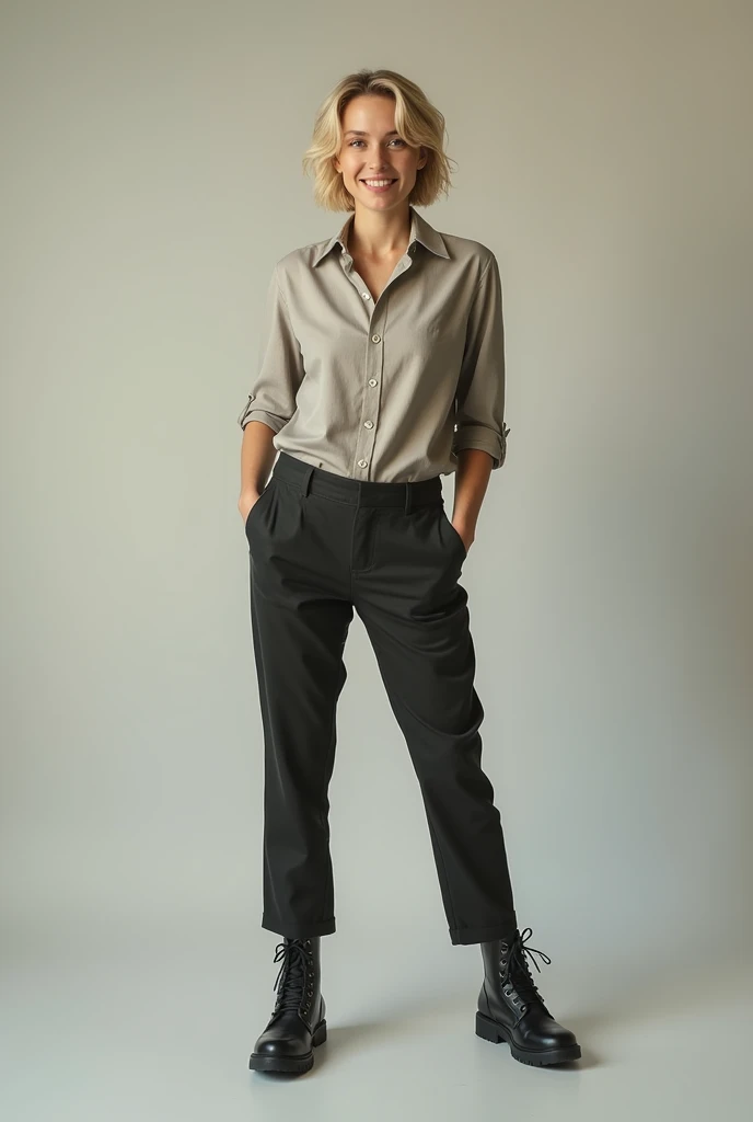 Caucasian female, with men&#39;s clothes, short blonde wavy hair, strong and smiling