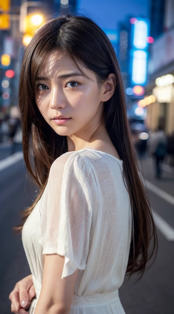 White silk blouse dress、(photoreal:1.4)、(hyper realistic:1.4)、(realistic:1.3)、(soft lighting:1.05)、(映画の照明Quality improvement:0.9)、32K、1 girl、27 year old beauty、Night city night view, realistic lighting、backlight、face lighting、ray tracing、(Brighter light:1.2)、(Quality improvement:1.4)、(Top quality real textured skin:1.4)、finely tuned、detailed face、good eyes、(tired, I'm sleepy and satisfied:0.0)、(Improves the beauty of skin texture.:1.1)、realistic skin texture, Ayaka Miyoshi, ((A slightly smiling face))