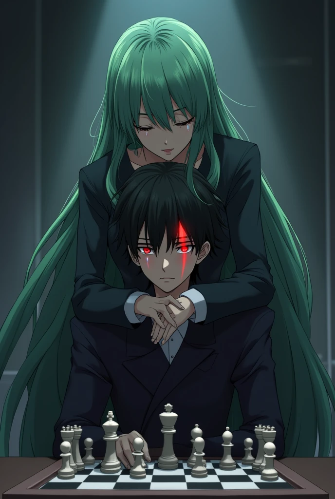 Lelouch with "red geass sign in his eyes" from "code geass" playing chess alone with "c.c." Standing behind him hugging his head, anime drawning, 4k. C.C has long green hair with red visable geass sign on forhead, perfect eyes, "c.c." is Crying