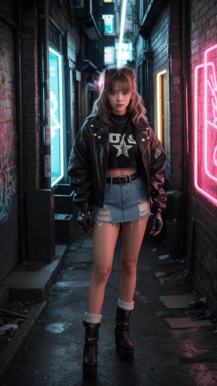 A girl posing in a grungy, neon-lit urban alleyway. Light brown half hair, The girls wear edgy streetwear, jeans denim skirt, fur boots, glitter star hairclip, aesthetic fur top, pearls and stars belt, half finger gloves, The alleyway is dark and atmospheric, with graffiti-covered walls and glowing neon signs, grungy aesthetic, high angle, night