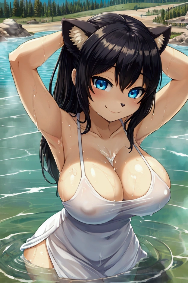 1girl, solo, furry puma girl, huge breast, black hair, blue eyes, white tanktop dress, spaghetti strap, partially submerged, in water, flooding up to the chest, upper body, yellowstone park, seductive smile, anime face, hands up,