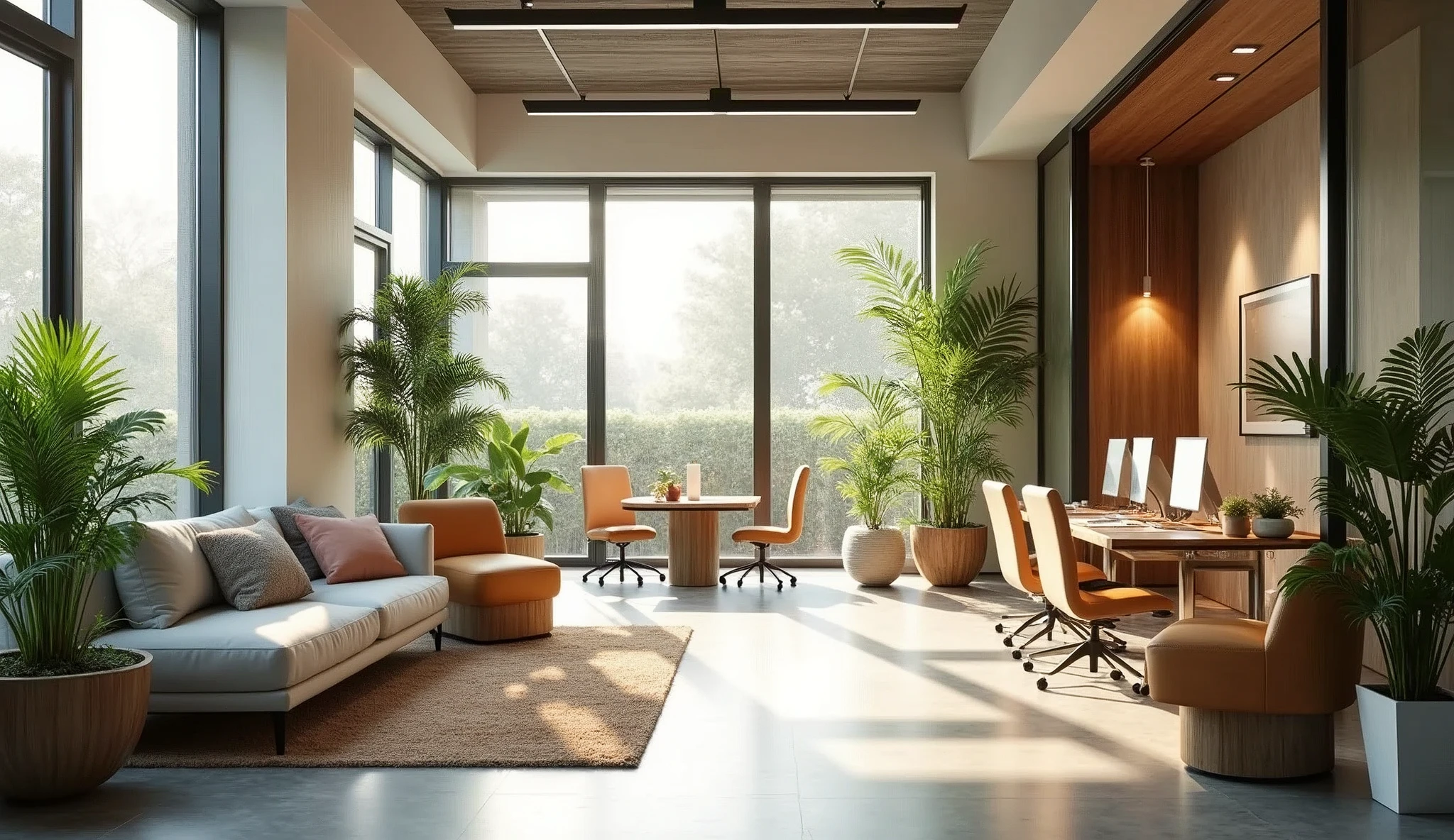 "a modern, well-designed office space with natural lighting, comfortable furniture, and relaxing decor that promotes a healthy work-life balance. The office has an open floor plan, plants, and cozy seating areas for collaboration and relaxation."