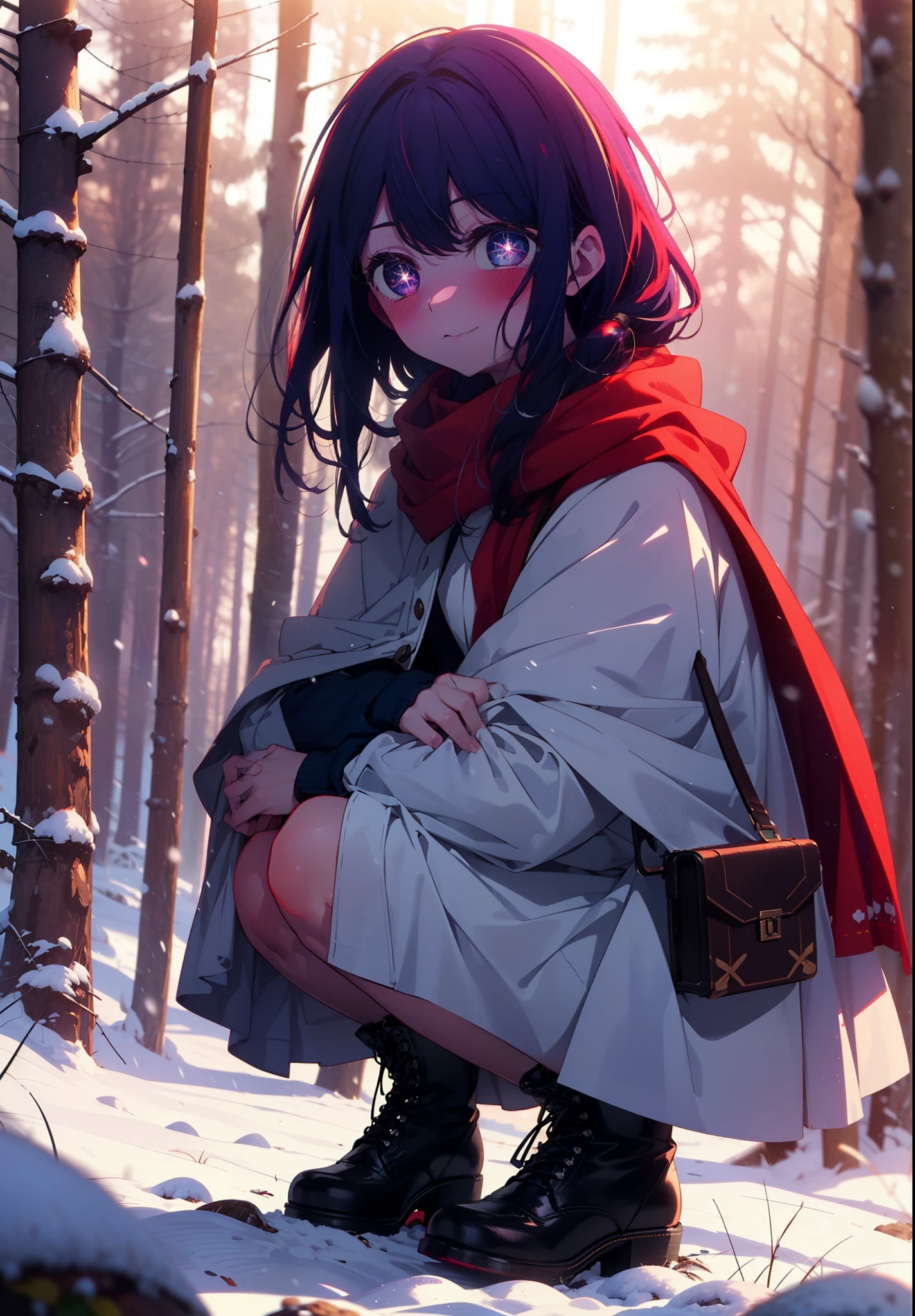 aihoshino, Ai Hoshino, Long Hair, bangs, (Purple eyes:1.1), Purple Hair, (Symbol-shaped pupil:1.5), smile,,smile,blush,white breath,
Open your mouth,snow,Ground bonfire, Outdoor, boots, snowing, From the side, wood, suitcase, Cape, Blurred, , forest, White handbag, nature, Squat, Mouth closed, Cape, winter, Written boundary depth, Black shoes, red Cape break looking at viewer, Upper Body, whole body, break Outdoor, forest, nature, break (masterpiece:1.2), Highest quality, High resolution, unity 8k wallpaper, (shape:0.8), (Beautiful and beautiful eyes:1.6), Highly detailed face, Perfect lighting, Extremely detailed CG, (Perfect hands, Perfect Anatomy),