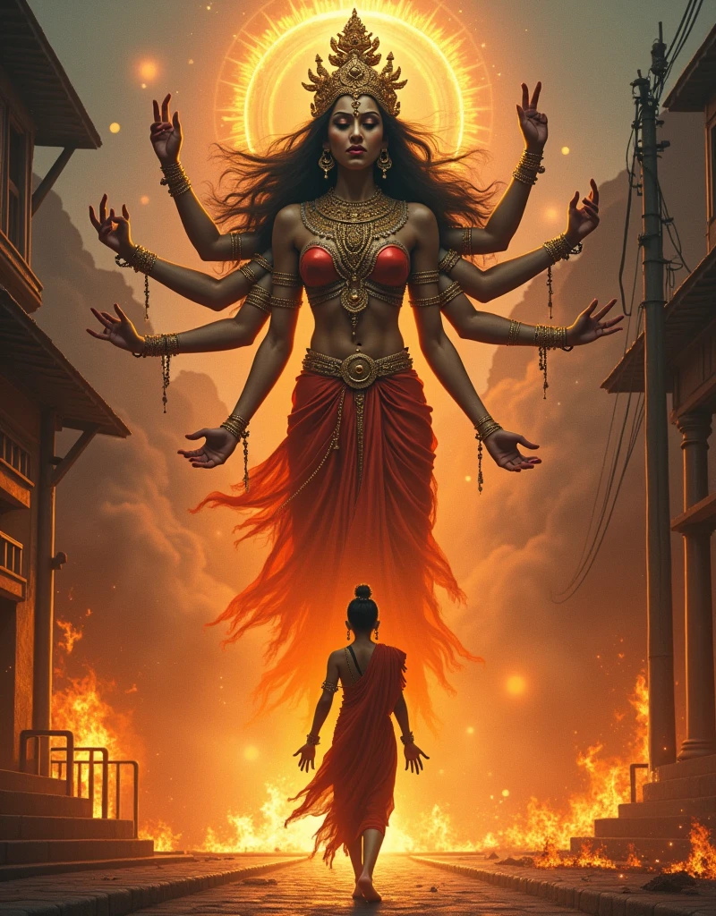 Maa mahakali protection a young yogi, who walking on fire street