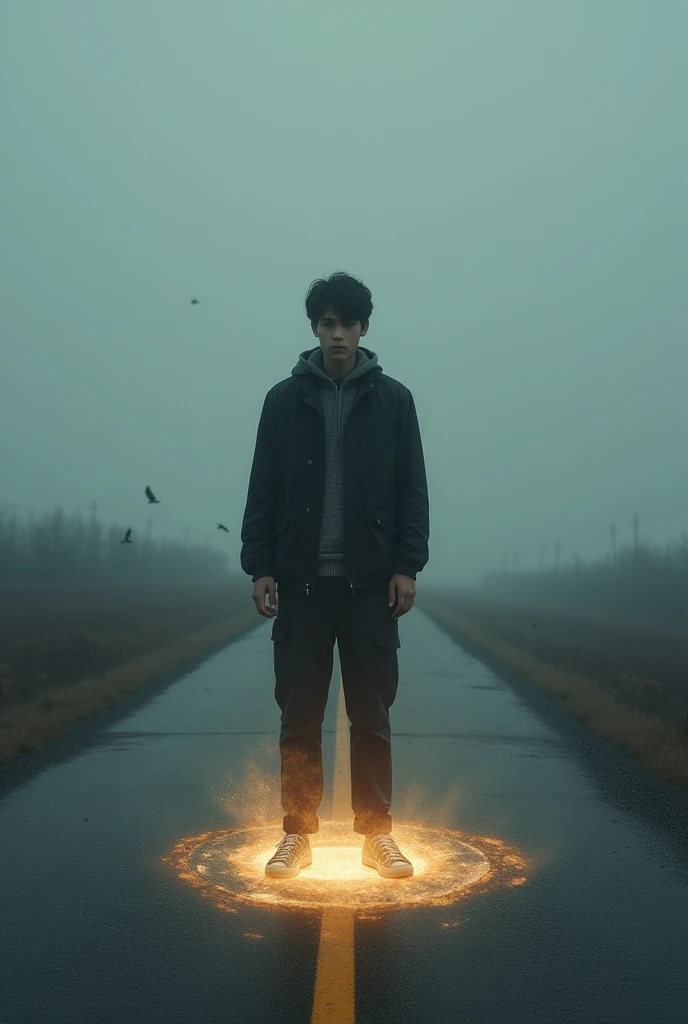 Sad boy standing on road find his soul on under him