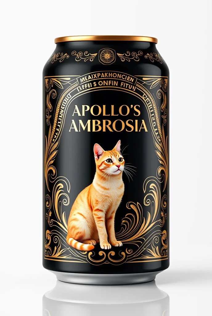 make me a design artwork for a canned coffee packaging with a 250ml can size with a Roman concept with the brand name Apollo&#39;s Ambrosia with a cheerful design, with the dominant color black, gold and white with a cat image as a small logo or a cat head with artwork design


