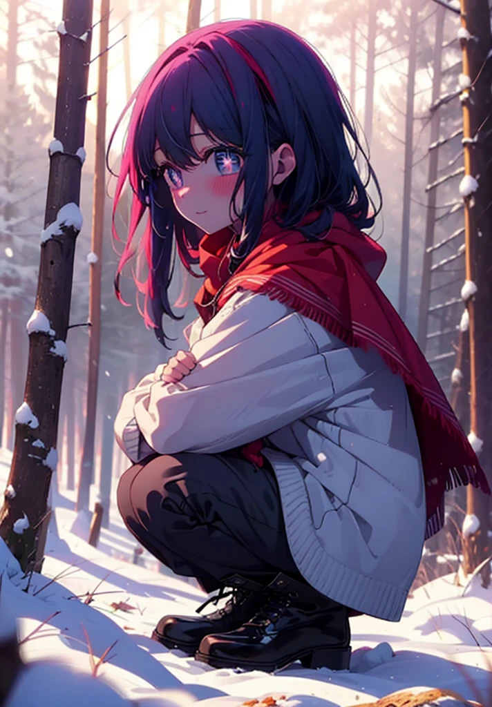 aihoshino, Ai Hoshino, Long Hair, bangs, (Purple eyes:1.1), Purple Hair, (Symbol-shaped pupil:1.5), smile,,smile,blush,white breath,
Open your mouth,snow,Ground bonfire, Outdoor, boots, snowing, From the side, wood, suitcase, Cape, Blurred, , forest, White handbag, nature,  Squat, Mouth closed, Cape, winter, Written boundary depth, Black shoes, red Cape break looking at viewer, Upper Body, whole body, break Outdoor, forest, nature, break (masterpiece:1.2), Highest quality, High resolution, unity 8k wallpaper, (shape:0.8), (Beautiful and beautiful eyes:1.6), Highly detailed face, Perfect lighting, Extremely detailed CG, (Perfect hands, Perfect Anatomy),