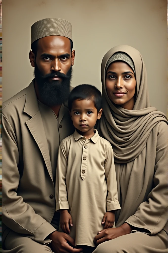 Indian vintage muslim three members black face family 