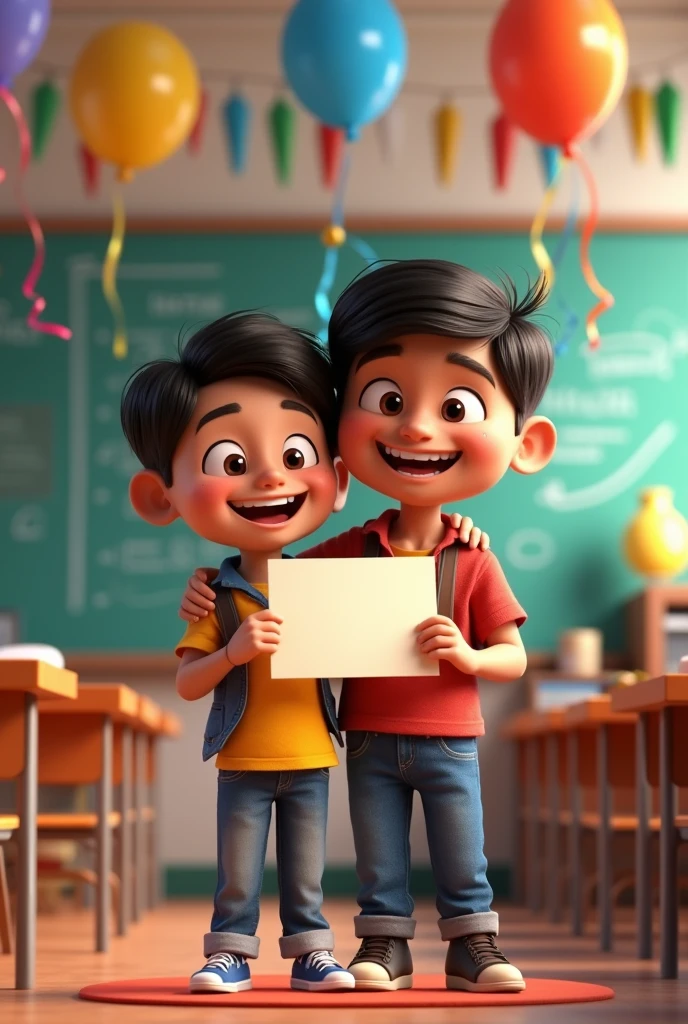 In 3d animation style '*Celebratory classroom scene* - Mohan and Mr. Sharma in a celebratory pose. Mohan is holding his improved report card, and Mr. Sharma has his arm around him, both surrounded by colorful balloons and streamers.'