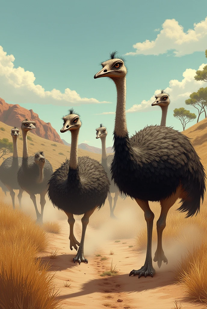 A comical illustration of emus outsmarting soldiers in a rural Australian landscape during the great depression ultra realistic 

