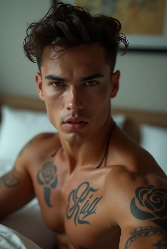 Young AI tattooed name ruy muscular white skin tanned penetrating gaze pink mouth with background bedroom music