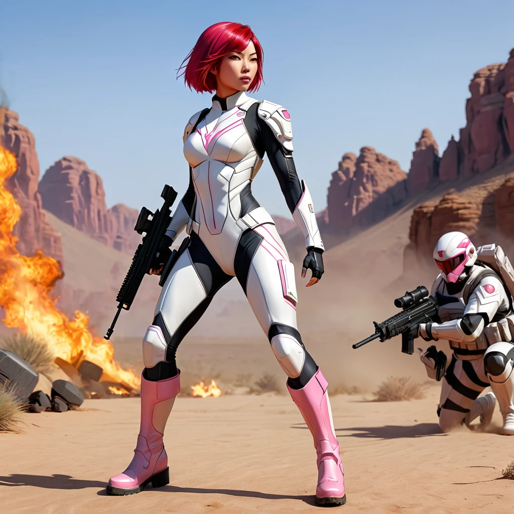 champions online. a red haired Asian female superhero. short hair, pale skin. she wears a white jumpsuit with (pink lines), knee highboots. she carries a high tech assault rifle. show her in a fire fight against a group of soldiers, Arizona desert background. side view. 4k, masterpiece, realistic, detailed, hd, uhd