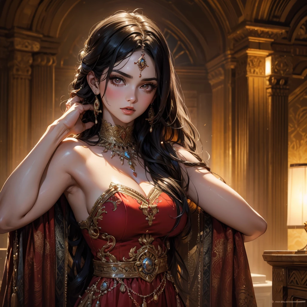 Single beautiful persian princess, wearing a fitted wet red sharara, long wavy black hair, visible extremely sweat dripping from armpits, fully body covered in extremely glistening and shining sweat, big breasts, white skin, backside visible with detailed facial features, beautiful eyes and lips, extremely detailed face, long eyelashes, portrait, (best quality,4k,8k,highres,masterpiece:1.2),ultra-detailed,(realistic,photorealistic,photo-realistic:1.37),dramatic lighting, warm color tones, vibrant colors